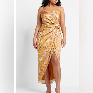 Express Gold Ruched Wrap Sundress Asymmetrical